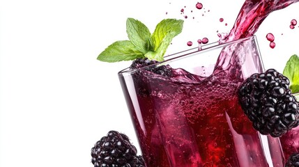 Aufkleber - Refreshing Blackberry Juice Splash with Mint Leaves in Glass Isolated on White Background