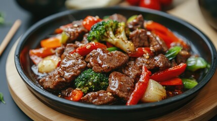 Poster - Sizzling black pepper beef stir fry with colorful mixed vegetables in a traditional serving dish