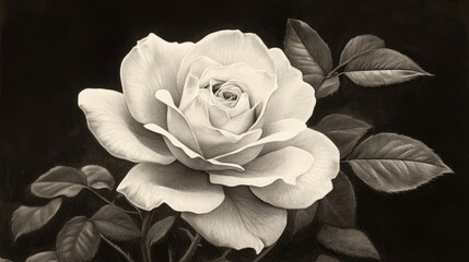 Poster - Elegant monochrome rose blooming amidst dark foliage in a tranquil garden setting showcasing beauty and serenity.