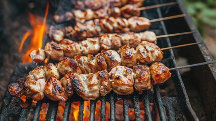 Poster - Grilled chicken skewers cooking over an open flame in a natural outdoor setting