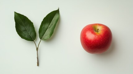 Aufkleber - Red Apple with Fresh Green Leaves on a Light Background Highlighting Natural Freshness and Simplicity in Fruit Photography