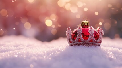 Aufkleber - Red Shiny Christmas Ornament on Snowy Surface with Soft Bokeh Background Holiday Decoration Scene Winter Celebration Theme