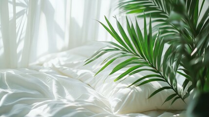 Poster - Cozy White Bedding with Lush Green Palm Leaves Near Bright Stylish Window and Soft Natural Light
