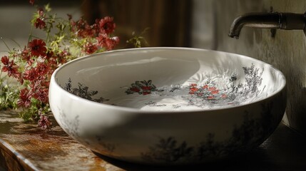 Poster - Ceramic bathroom sink with floral design on a wooden surface surrounded by greenery in a cozy home setting