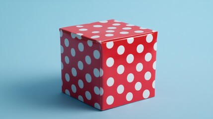 Poster - Red gift box with white polka dots on a light blue background ideal for festive occasions and gift giving imagery.