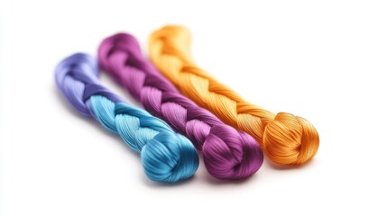 Poster - Vibrant silk threads in purple blue and orange isolated on a white background ideal for sewing and crafting projects