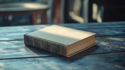 Poster - Empty vintage book resting on rustic wooden table under natural light showcasing simplicity and elegance in minimalist design