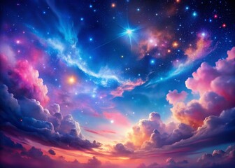 Poster - Dreamlike Pink & Blue Sky: Abstract Cloudscape with Sparkling Stars - Stock Photo