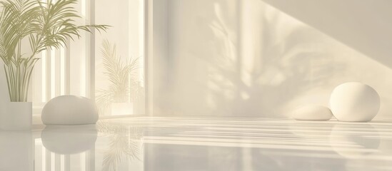 Poster - Bright Minimalist White Interior Space with Soft Shadows, Green Plant, Smooth Stones and Ample Empty Area for Text in Natural Light