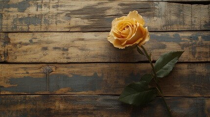 Aufkleber - Single yellow rose on rustic wooden background with empty space for text or messages in a postcard style arrangement.