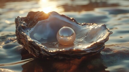 Poster - Lustrous pearl nestled in an open oyster shell on tranquil water surface reflecting sunlight