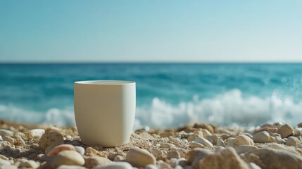 Poster - White cup on sandy beach with pebbles, gentle waves and clear blue ocean background, evoking summer beach vibe and relaxation.