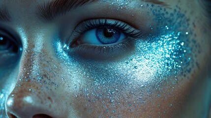 Poster - Close-up portrait of a female face with shimmering blue glitter on skin, highlighting natural beauty and vibrant eye color, set against a soft light background.