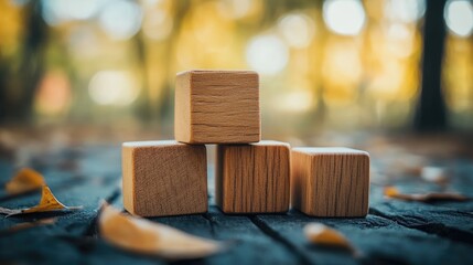 Poster - Wooden Cubes Arranged on Rustic Surface Surrounded by Fall Leaves and Soft Natural Light