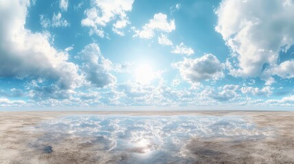 Aufkleber - Panoramic View of Serene Sky Reflections on Ground with Bright Blue Sky and Soft White Clouds Over Tranquil Landscape