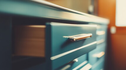 Poster - Modern soft close drawer guide system in teal kitchen furniture, close-up view showcasing detailed cabinet drawer design and interior aesthetics.