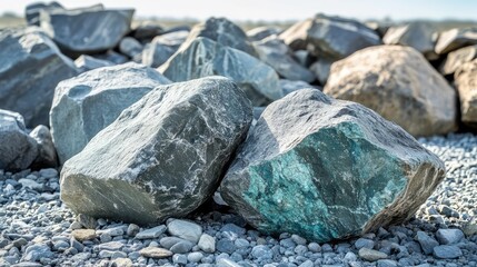 Poster - Selective focus on textured gray and turquoise rocks set on a gravel background under a clear blue sky with soft sunlight illuminating the scene