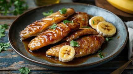 Poster - Skate wings sautÃ©ed in brown butter served with banana slices and garnished with fresh herbs on a rustic plate