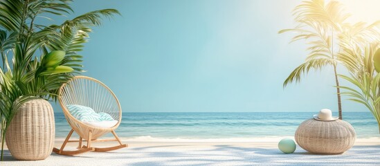 Poster - Tranquil Summer Beach Scene with Woven Chair and Decorative Plants under a Clear Sky and Gentle Ocean Waves Suitable for Text Placement