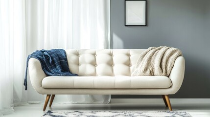 Aufkleber - Elegant Modern Sofa in Cozy Bedroom Interior with Soft Textiles and Neutral Color Palette