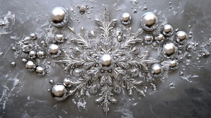 Poster - Silver decorative snowflake design surrounded by metallic spheres on a textured gray background for holiday or winter themed imagery