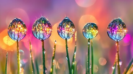 Poster - Glittering dew drops on grass with colorful reflections creating a vibrant and enchanting nature scene in the background.