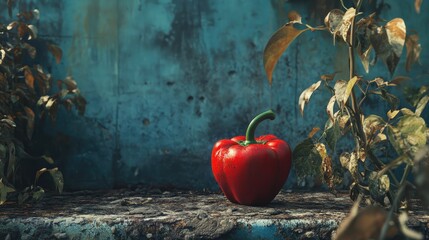Poster - Vibrant red pepper surrounded by faded foliage against a textured blue background showcasing nature and freshness in a rustic setting