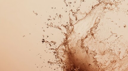 Canvas Print - Brown powder mixing with water creating splashes against a soft pastel background conveying fluidity and motion in an artistic setting