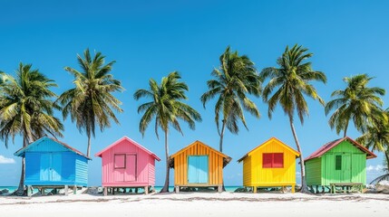 Poster - Vibrant beach huts lined under palm trees against a clear blue sky in a picturesque coastal setting ideal for summer vacations.