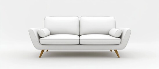 Poster - Elegant white sofa with wooden legs on a clean background ideal for furniture design showcases and interior decor inspiration