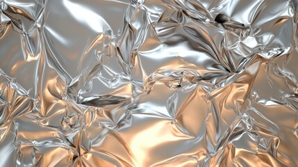 Poster - Crumpled shiny silver foil texture background with reflective metallic surface for design and creative projects.