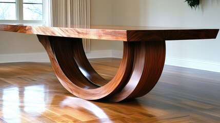 Aufkleber - Modern wooden dining table with curved base, natural light from window, warm tones on polished hardwood floor, elegant interior design.