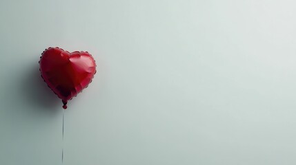 Poster - Single vibrant red heart-shaped balloon floating against a soft white background symbolizing love and celebration in a minimalistic setting.
