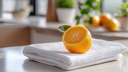 Poster - Fresh naval orange resting on a white kitchen towel with a blurred background of green plants and citrus fruits in a modern kitchen setting