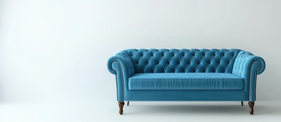 Poster - Elegant tufted blue sofa with modern design and soft upholstery isolated on a clean white background for versatile marketing applications