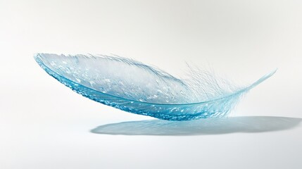 Poster - Single blue feather with water splash effect against a soft white background conveying serenity and elegance in design elements