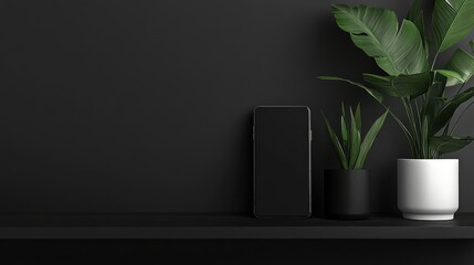 Poster - Black minimalist smartphone mockup on dark shelf with green potted plants and textured wall in contemporary interior setting.