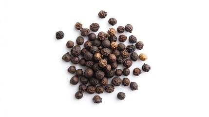 Poster - Peppercorns scattered on a clean white background highlighting their rich textures and colors for culinary or spice-related designs
