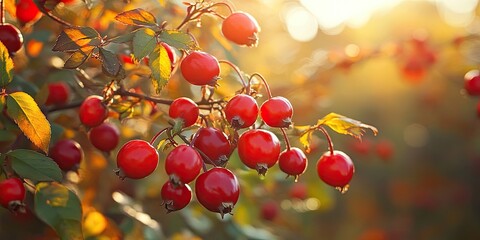 Wall Mural - Closeup of vibrant red rosehips on a bush with golden autumn foliage and warm sunlight creating a soft bokeh background in a serene setting