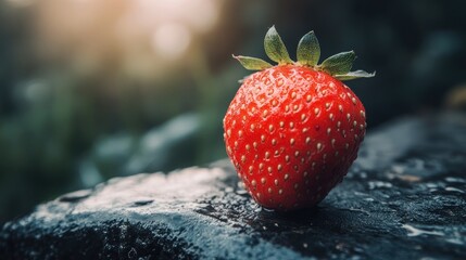 Aufkleber - Fresh ripe strawberry on a textured surface with soft natural lighting showcasing its vibrant color and fine details in a close-up view