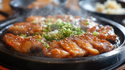 Poster - Sizzling Korean Pork Belly on Hot Plate with Garnishes and Steam Rising