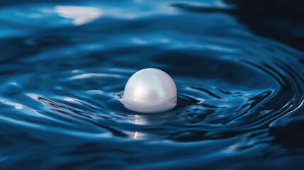 Poster - Single luminous pearl floating gracefully on dark blue water surface creating gentle ripples. Serenity and elegance captured in nature.