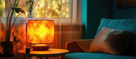 Poster - Vibrant electric lampshade illuminating a cozy room with unique design and warm colors creating a welcoming atmosphere.