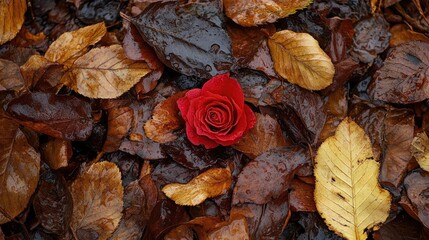 Poster - Red Rose Nestled Among Wet Autumn Leaves in Natural Setting
