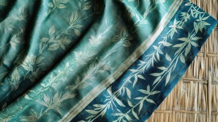 Poster - Detailed view of green bamboo batik fabric featuring botanical patterns, draped elegantly with a textured natural background, ideal for showcasing textiles.