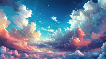 Aufkleber - Vibrant Sky Blue with Soft White Clouds at Sunset Evoking Freedom and Exploration in a Serene Atmosphere