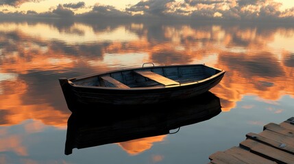 Aufkleber - Serene twilight scene of a reflective water surface with vibrant sunset hues, showcasing a moored boat at a peaceful pier setting.