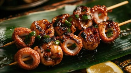 Poster - Grilled octopus skewers garnished with green onions served on a bamboo leaf with lemon for a delicious culinary presentation
