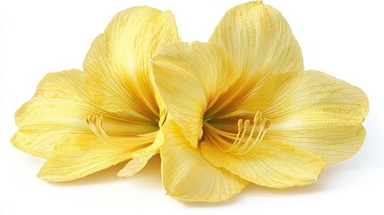 Poster - Elegant yellow Amaryllis flower pair on a pristine white background showcasing delicate petals and intricate details in floral beauty
