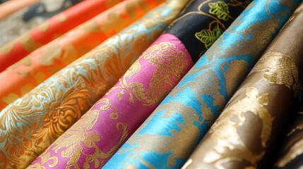 Poster - Vibrant Silk Fabrics Featuring Intricate Patterns in Rich Colors and Textures for Fashion and Interior Design